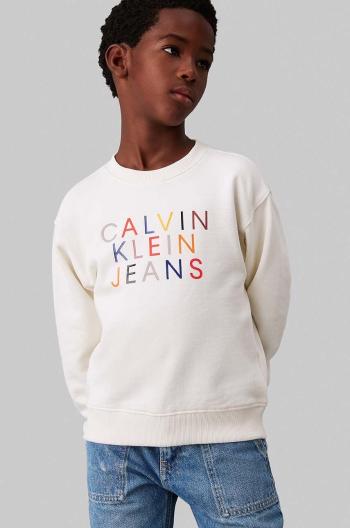 Dětská bavlněná mikina Calvin Klein Jeans béžová barva, s potiskem, IB0IB02204