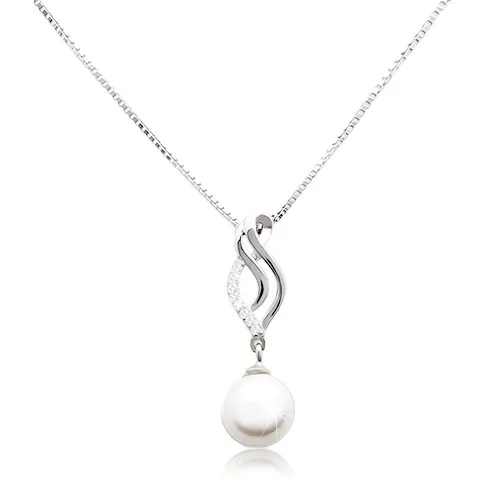 Náhrdelník ze stříbra 925, řetízek a přívěsek - zvlněný list a bílá kulatá perla