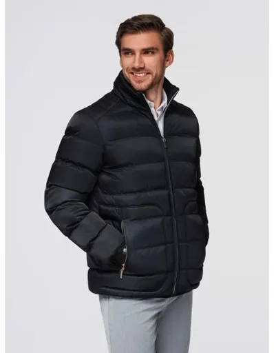 Pánská džínová bunda s pletenými rukávy a kapucí – modro-černá V2 OM-JADJ-0220