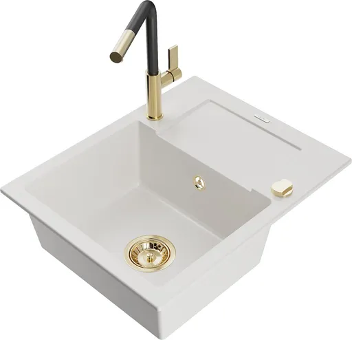 MEXEN/S Enzo granitový dřez 1-miska s odkapávačem včetně baterie Flora, bílá 6506-20-670401-57-G