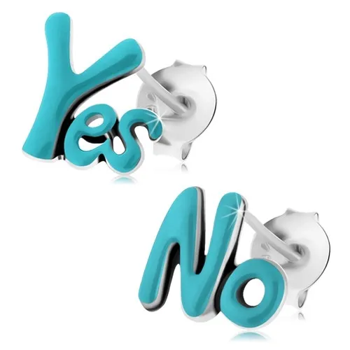 Puzetové náušnice, stříbro 925, nápisy Yes a No, světle modrá glazura, patina