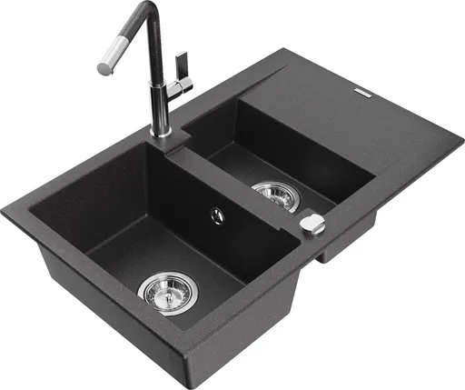 MEXEN/S Gaspar granitový dřez 1.5 s odkapávačem včetně baterie Flora, černá kropenatá 6507-76-670401-08