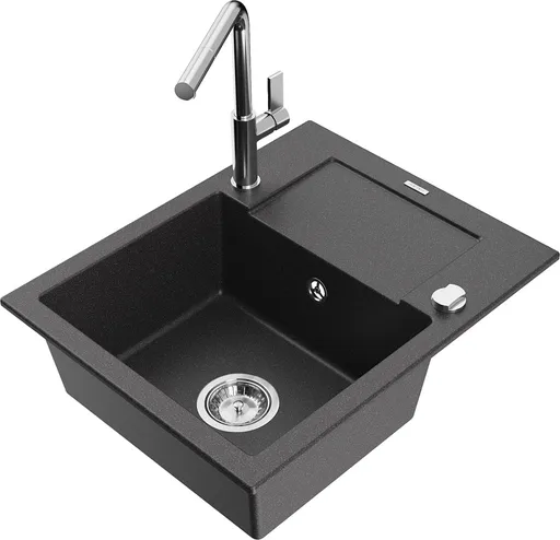 MEXEN/S Enzo granitový dřez 1-miska s odkapávačem včetně baterie Flora, černá kropenatá 6506-76-670401-00
