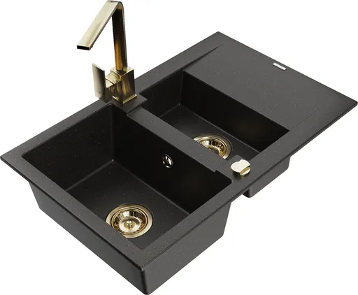 MEXEN/S Gaspar granitový dřez 1.5 s odkapávačem včetně baterie Rita, černý/zlatý  6507-75-670300-50