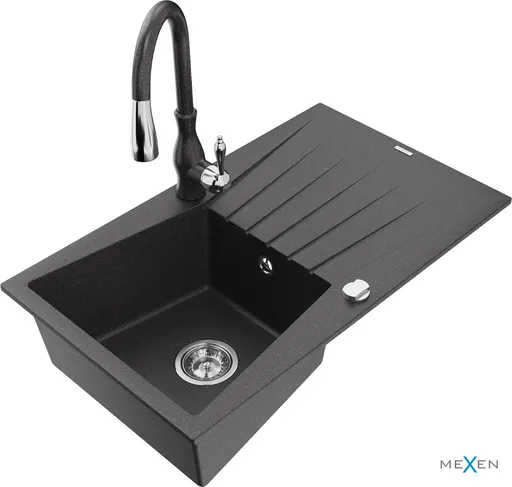 MEXEN/S Cesar granitový dřez 1 s odkapávačem včetně baterie Savita, černá kropenatá 6514-76-672601-76