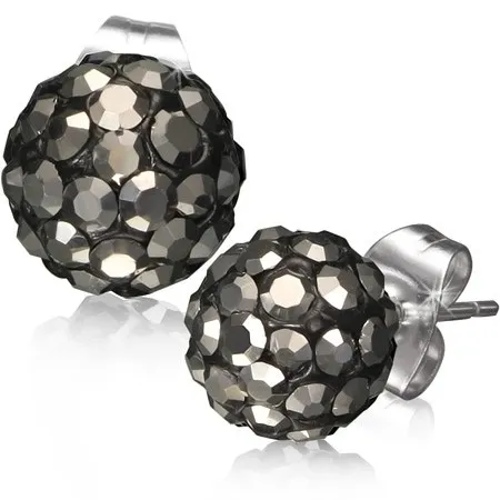 Ocelové náušnice Shamballa - černé kuličky, šedé broušené kamínky, 8 mm