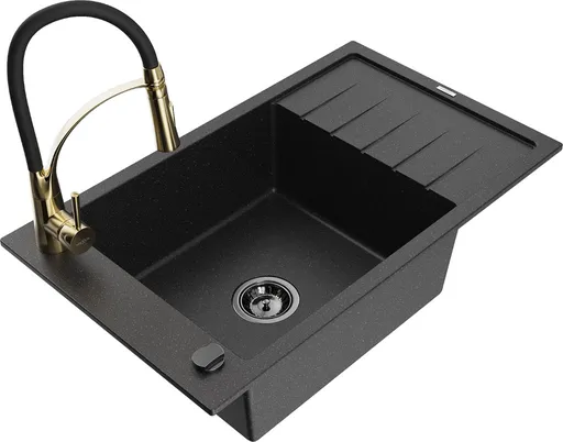 MEXEN/S Elias granitový dřez 1 s odkapávačem včetně baterie Aster, černá/stříbrná metalik 6511-73-73450-57-B