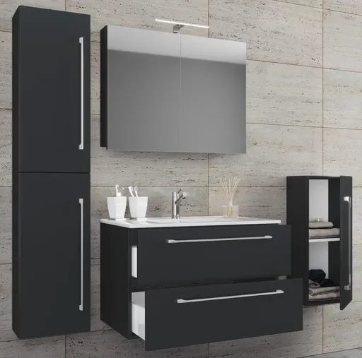 VCM 5dílná umyvadlová skříňka Badinos 2 zásuvky 80 cm se zrcadlem a střední/vysokou skříňkou, černá