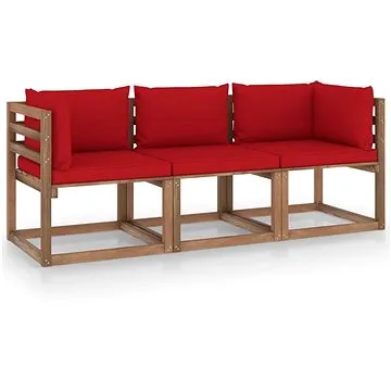 Zahradní 3místná pohovka s palet červené podušky borovice, 3067290 (3067290)