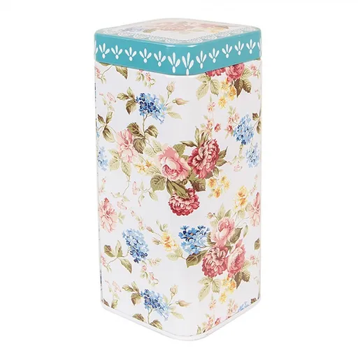 Bílá plechová dóza s víkem a květy - 7*7*15 cm Clayre & Eef