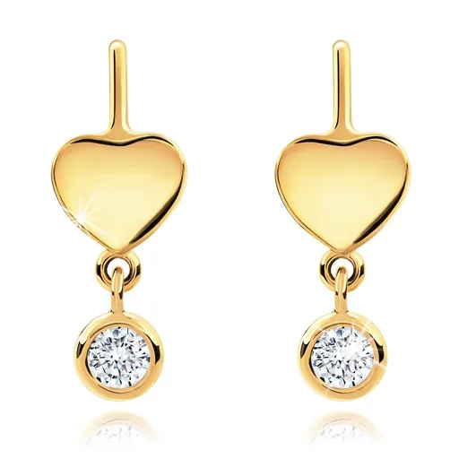 Náušnice ve žlutém 14K zlatě - tenký hladký kroužek, lesklé srdíčko a čirý zirkon
