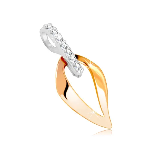 Přívěsek z kombinovaného 14K zlata - lesklé linie listu, zirkonová stopka