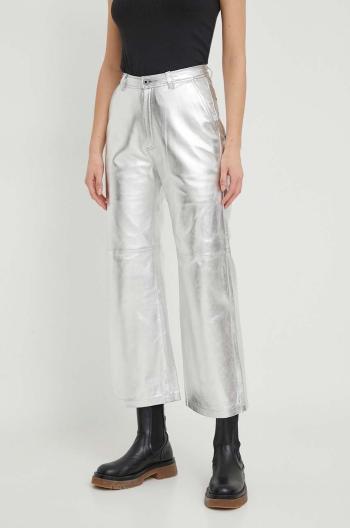 Kožené kalhoty Pepe Jeans SASHA SILVER dámské, stříbrná barva, jednoduché, high waist, PL211694