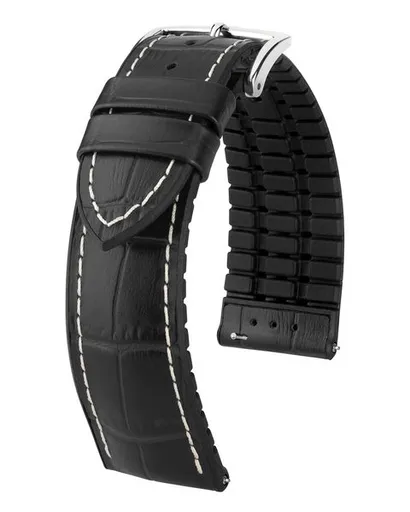 Řemínek Hirsch George - černý, bílé prošití - 21 mm - L – Standardní délka (doporučujeme) - 20 mm - Stříbrná