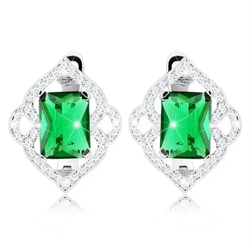 Náušnice ze stříbra 925, zelený zirkonový obdélník, čiré kontury listů