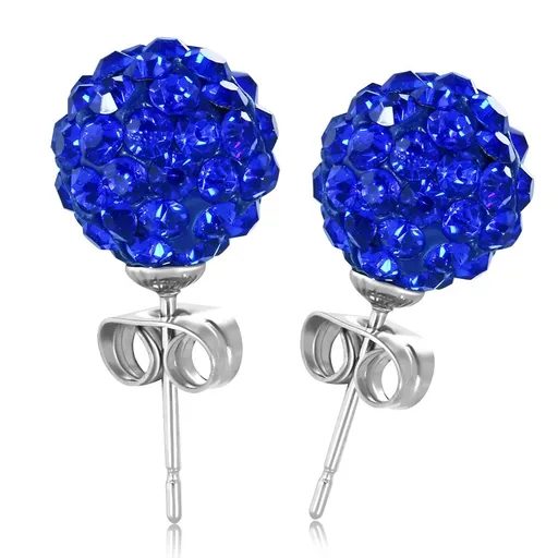 Tmavě modré Shamballa náušnice, zirkony, ocelová puzetka, 8 mm