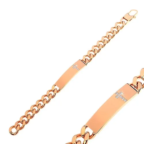 Náramek z oceli 316L měděné barvy s čirým zirkonovým křížem na destičce