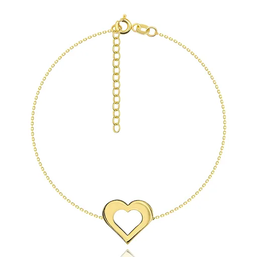 Náramek ve žlutém 14K zlatě - jemný řetízek, plochý obrys srdce, lesklý hladký povrch