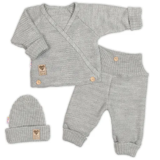 Baby Nellys Rostoucí pletený zavinovací svetřík, kalhoty a čepice, 3D - šedá, vel.56/62