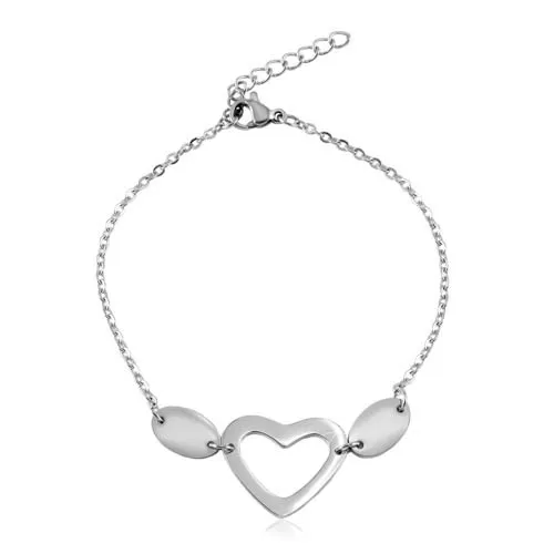 Ocelový náramek stříbrné barvy, oválná očka, dva ovály a kontura srdce
