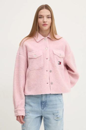 Košilová bunda Tommy Jeans růžová barva, oversize, DW0DW18869