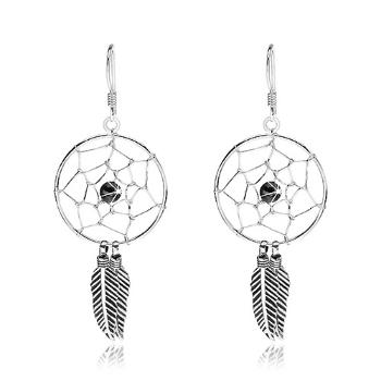 Strieborné náušnice 925, lapač snov s čiernou guličkou a pierkami, 20 mm