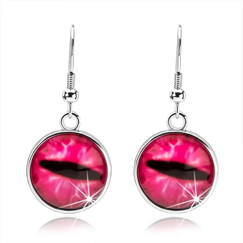 Kruhové cabochon náušnice, čiré vypouklé sklo, růžové kočičí oko