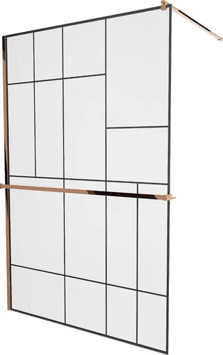 MEXEN/S KIOTO Sprchová zástěna WALK-IN s poličkou a držákem ručníků 90 x 200, transparent/černá 8 mm, růžové zlato 800-090-121-60-78