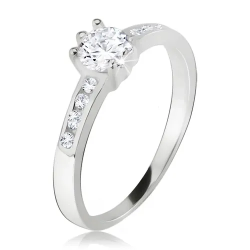 Prsten, okrouhlý čirý kamínek, malé zirkony v ramenech, ze stříbra 925 - Velikost: 49