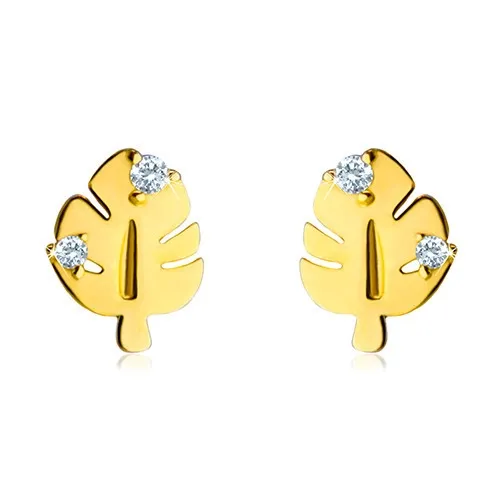 Diamantové náušnice ze zlata 585 - lesklý list Monstera se zářezy a stonkem, dva čiré brilianty