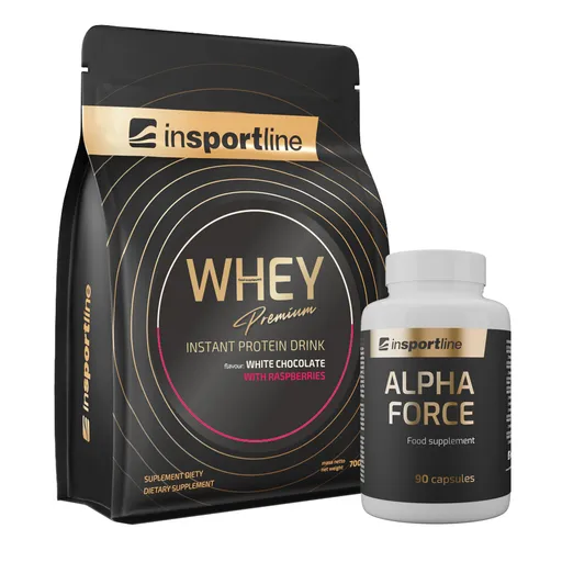 SADA: Protein inSPORTline WHEY Premium 700g + Stimulant inSPORTline AlphaForce, 90 kapslí bílá čokoláda s malinami