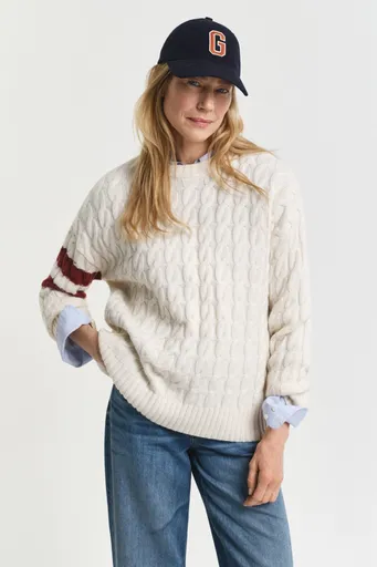 SVETR GANT CONTRAST STRIPED CABLE KNIT C-NECK CREAM