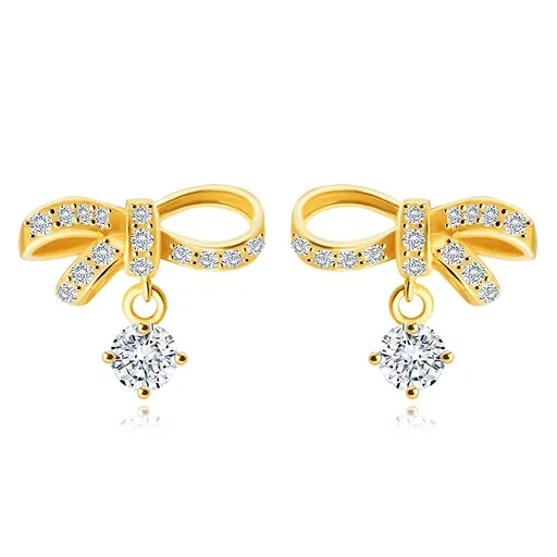 Náušnice ve žlutém 14K zlatě - asymetrická mašle se zirkony, broušený čirý zirkon