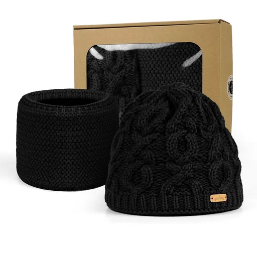 Bontis Dárkové balení: Dámská čepice s vypleteným vzorem a nákrčník - Černá