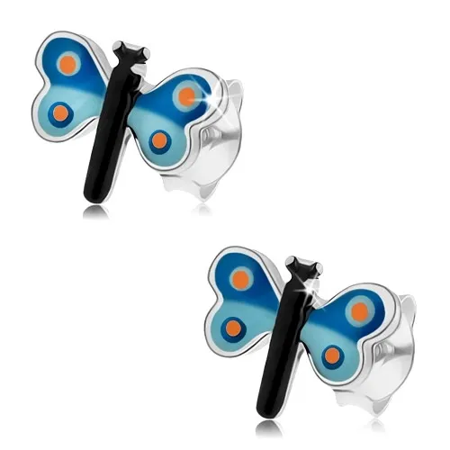 Puzetové náušnice, stříbro 925, glazovaný motýl s modrými křídly, puntíky