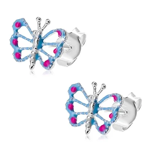 Náušnice ze stříbra 925, motýlek s modrými křídly, výřezy, růžové tečky