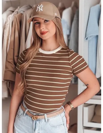 Dámské pruhované základní tričko LINESS hnědé