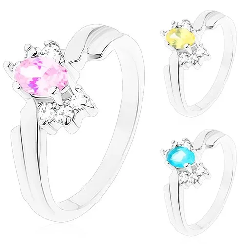 Lesklý prsten se zahnutými rameny, broušený ovál, tři čiré zirkonky po stranách - Velikost: 59, Barva: Růžová