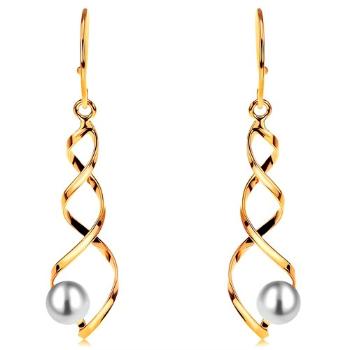 Visiace zlaté náušnice 585 - lesklá špirála s bielou guľatou perlou, háčiky