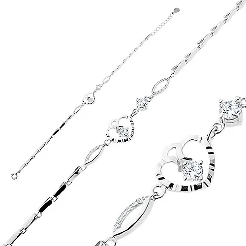 Stříbrný náramek 925, lesklé slzičky, zrnka se zirkony, obrys srdíčka