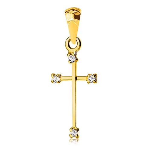 Přívěsek ze žlutého 14K zlata - křížek s úzkými rameny a čirými zirkony