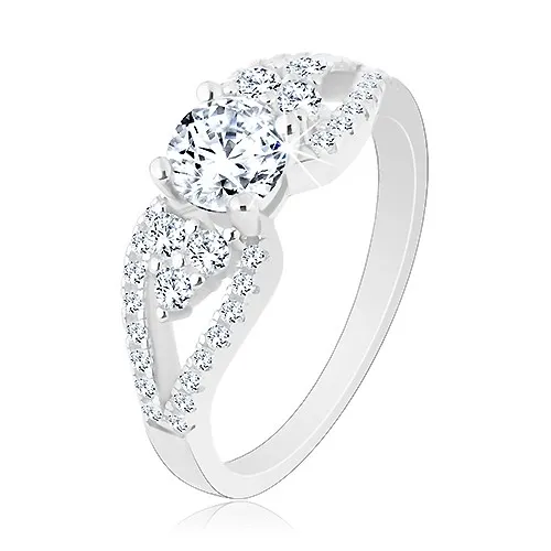 Stříbrný 925 prsten, blýskavý zirkon, lístky po stranách, rozdvojená ramena - Velikost: 59