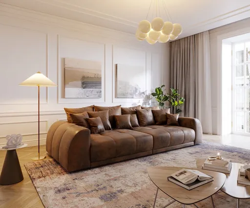 Velká pohovka Violetta 310x135 cm hnědá vintage s polštáři