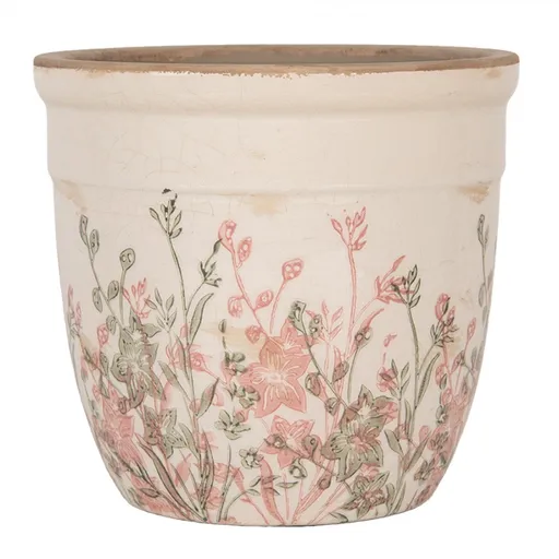 Béžový antik keramický obal na květináč s růžovo-zelenými květy L - Ø 18*17 cm  6CE1974L