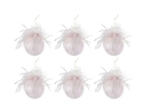 Růžové ozdoby s peříčky - 6ks - Ø 8 cm J-Line by Jolipa