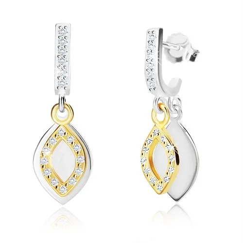 Stříbrné náušnice 925 - svislá zirkonová linie se dvěma lístky zlaté a stříbrné barvy