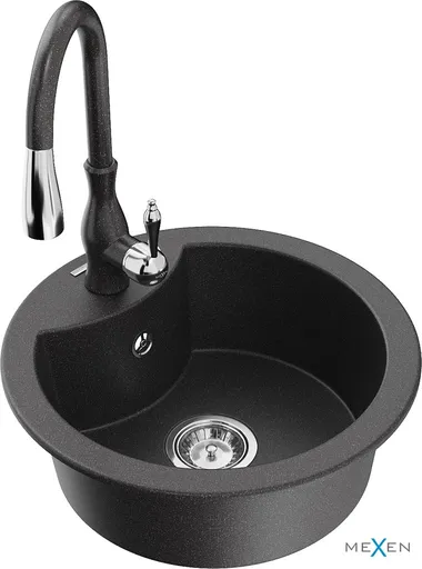 MEXEN/S Diego granitový dřez 1-miska včetně baterie Savita, černá kropenatá 6512-76-672601-76