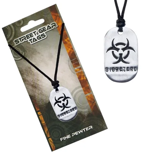 Černý náhrdelník, kovová známka, nápis BIOHAZARD