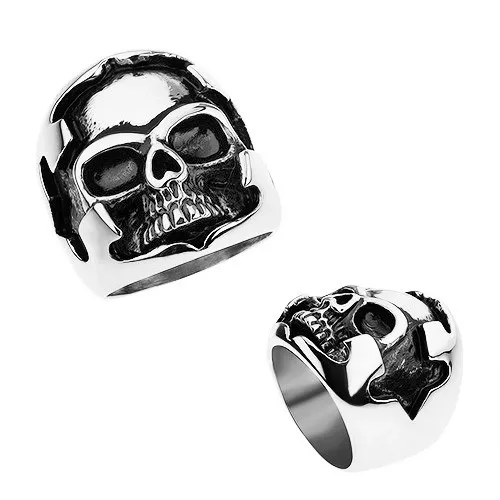 Patinovaný prsten z chirurgické oceli, vyřezávaný kříž, lebka - Velikost: 56