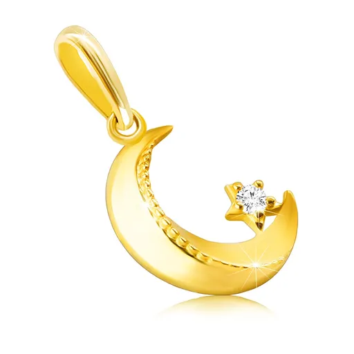 Diamantový přívěsek ze 14K žlutého zlata - půlměsíc s hvězdičkou, třpytivý briliant